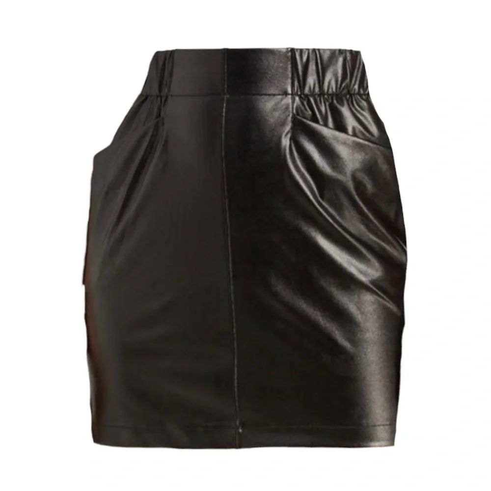 David Lerner Black Faux Leather Stretch Mini Skirt NWT S Elastic Waist Pockets